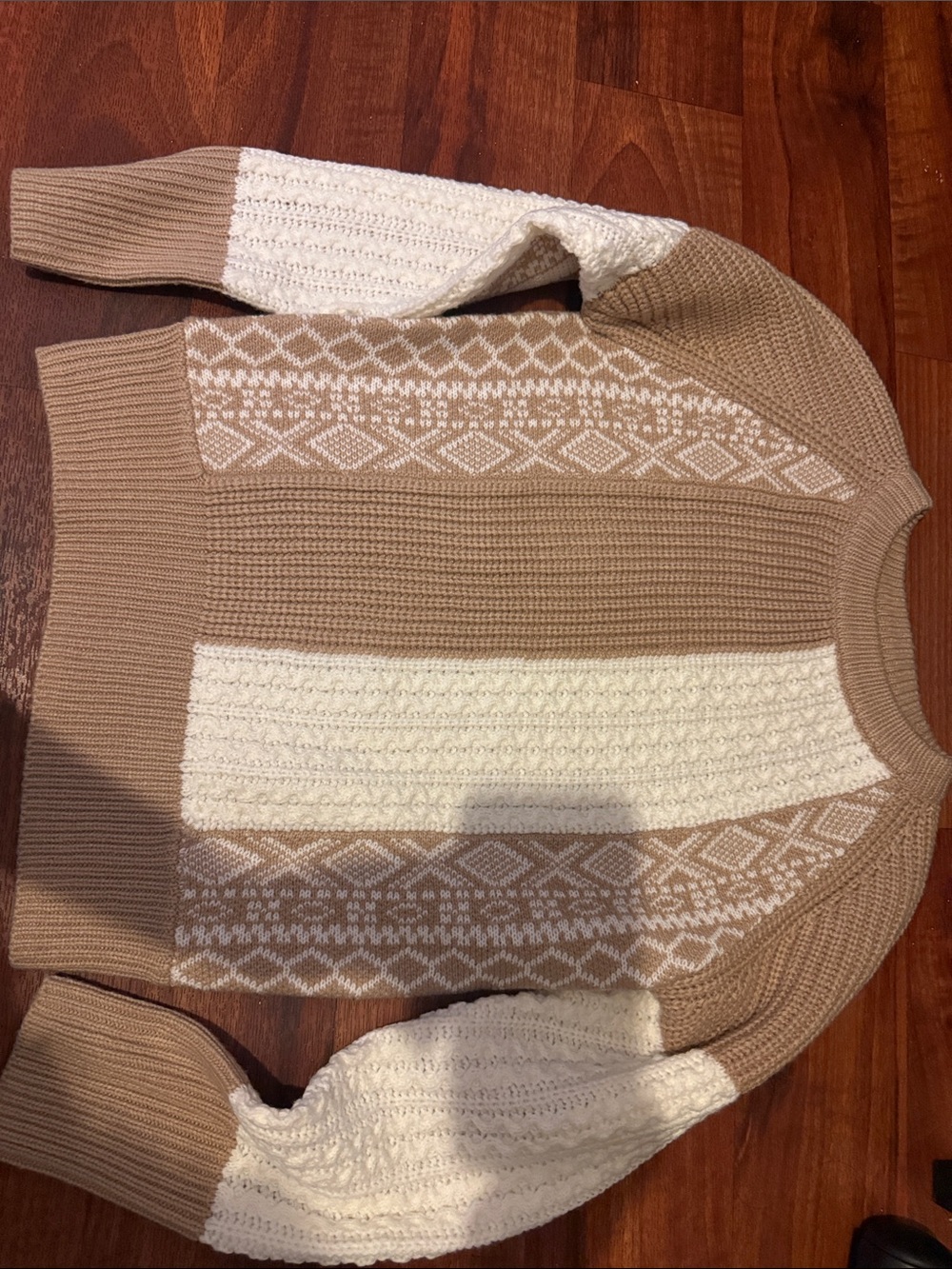 Steve Madden Cream and Tan Fair Isle Crewneck Sweater